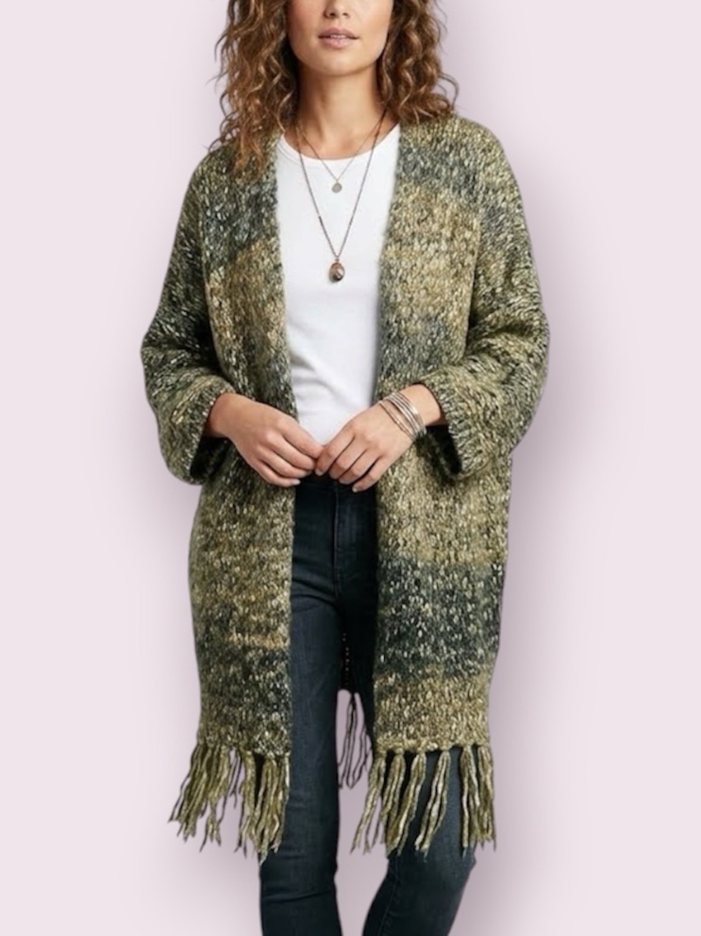World Market Marled Knit Open Front Cardigan Sweater Boho Fringe Hem One Size